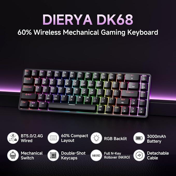 DIERYA DK68 60% Wireless Mechanical Gaming Keyboard, 3-Mode, Bluetooth 5.0/2.4G/USB-C, RGB Backlit, 68-Key Compact Mini for Windows, Mac, Linux - Linear Red Switch - Black - Image 9