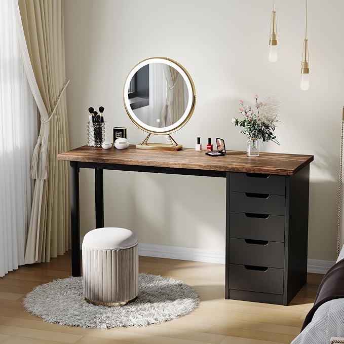Garvee Computer Desk with 5 Drawers, 47 Inch Modern Simple Study Writing Desk with Storage, Rustic Home Office Desk, Reversible Computer Desk for Small Spaces, Apartments, Dorms, Brown+Black - Image 3