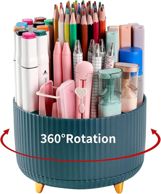 Desk Pencil Pen Holder, 5 Slots 360°Degree Rotating Pen Organizers for Desk, Desktop Storage Stationery Supplies Organizer, Cute Pencil Cup Pot for Office, School, Home, Art Supply, Dark Green by EDENMS