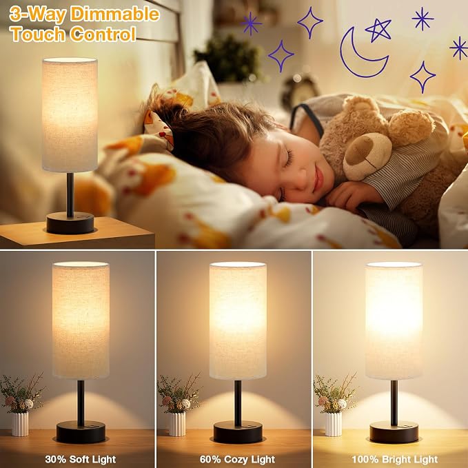 Dicoool Bedside Table Lamp for Bedroom - 3-Way Dimmable Touch Lamp, USB A+C | LED Bulb Included, 14" Small Nightstand Lamp for Desk, Living Room, Guest Room, Beige Fabric Lampshade, Black Metal Base - Image 3