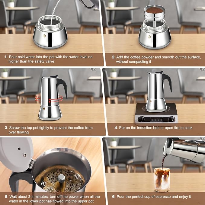 4 Cup Stovetop Espresso Maker Stainless Steel Moka Pot Stove Top Percolator Italian Coffee Makers Capable Mocha Greca Machine Cafe Classic Induction Cookers for Home and Camping 200ml 6.6oz - Image 9