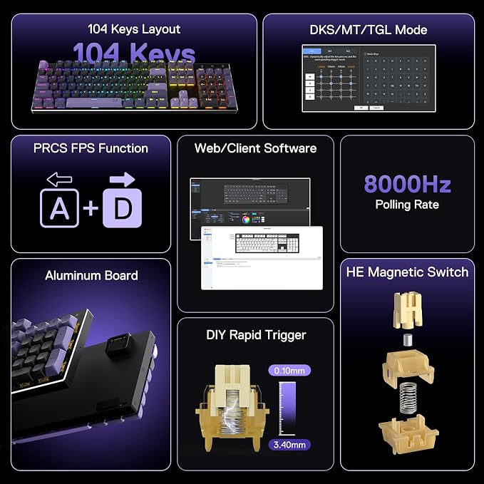 Redragon K556 104-Key Wired RGB Hall-Effect Rapid Trigger Gaming Keyboard | Rock-Solid Metal Build, 0.1mm Adjustable Actuation Magnetic Switch, Zero Input Delay, 8K Polling for FPS Games Pause & Shoot - Image 2