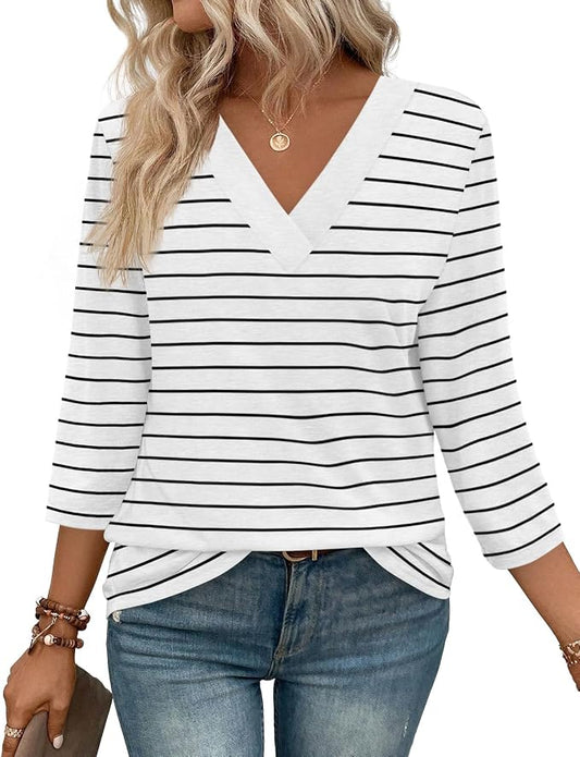 WIHOLL Womens Tops 3/4 Length Sleeve V Neck Casual Tunic Tops Basic Shirts Loose Fit Blouse by WIHOLL