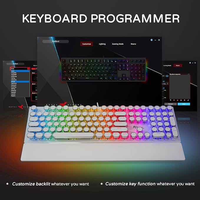 RK ROYAL KLUDGE S108 Typewriter Style Mechanical Gaming Keyboard with RGB Backlit, Wired PC Game Keyboard Full Size with Detachable Wrist Rest and Number Pad, Retro Round Keycaps, Red Switches White - Image 4