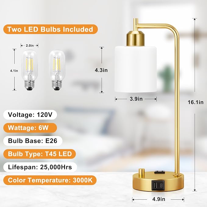 Innqoo Industrial Table Lamps for Bedroom Set of 2 - Fully Dimmable Bedside Lamps with USB Ports and Outlet, Gold Nightstand Lamps with Opal Glass Shade for Living Room, Desk Lamps for Office Reading - Image 7