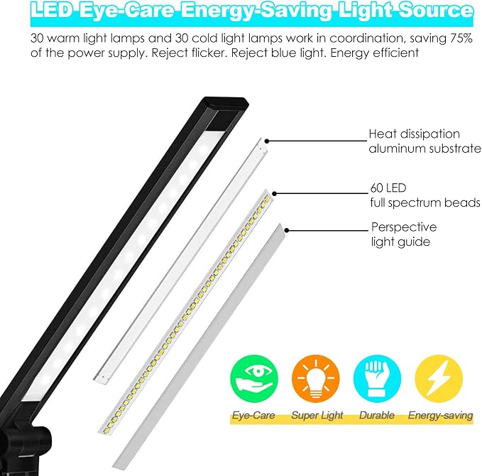 LED Desk Lamp with Wireless Charger, USB Charging Port, 10 Brightness, 5 Color Modes, Desk Lamps for Home Office, Dimmable Table Lamp Eye Caring Reading Light, Touch Control, Auto Timer, Black - Image 3