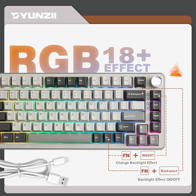 YUNZII B75 PRO 75% Wireless Mechanical Keyboard (Grey,Milk Switch) | Hot Swap Keyboard with Knob, Gasket Mount, Creamy Pre-lubed Switch for Smooth Typing, BT/USB-C/2.4G, for Gaming - Image 6