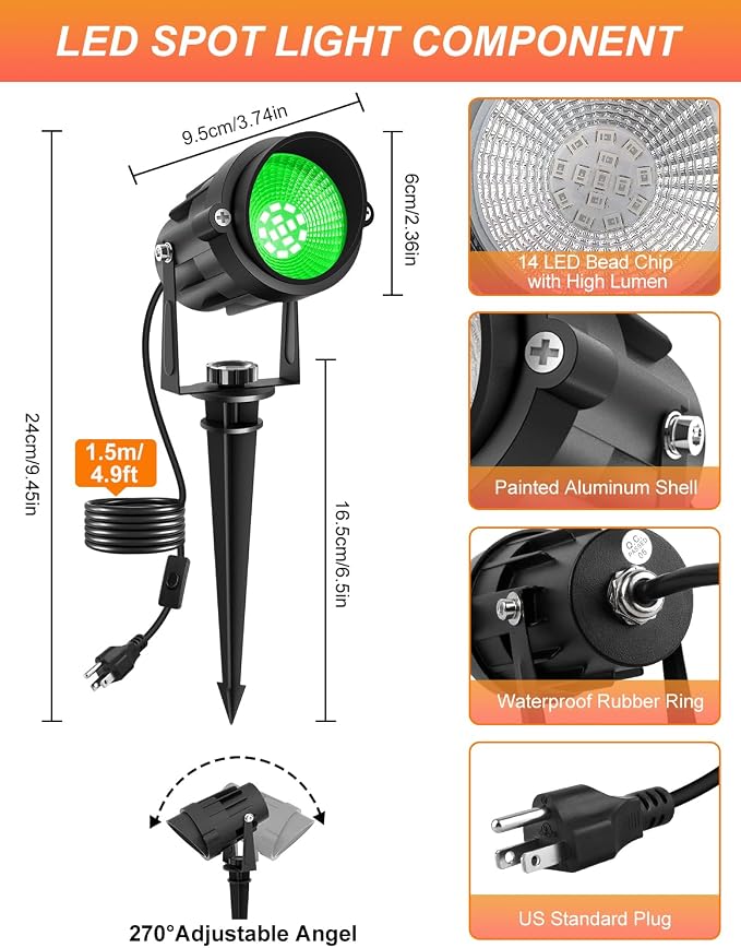 Green Landscape Lights Outdoor, 14 LED Landscape Lighting with US Plug, IP65 Waterproof Spotlights for Tree Yard Garden Pathway St. Patrick's Day Halloween Christmas Decor 4 Pack - Image 2