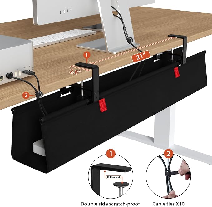Univivi No Drill Under Desk Cable Management Tray, 36 inch Cable Management | Clamp/Screw Mount Desk Cable Management, Premium Fabric Cable Management Tray, Large Capacity Cord Organizer for Office, Home - Image 3