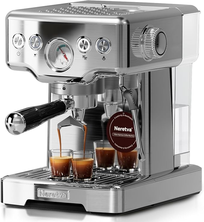 Neretva Espresso Machine, 15 Bar Espresso Coffee Machine with Visible Pressure Guage Professional Espresso Maker with Milk Frother & Stainless Steel for Home Barista Latte and Cappuccino Maker-Silver by CreativelyAesthetic