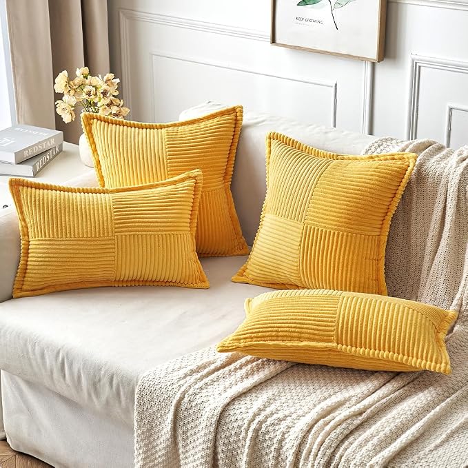 MIULEE Golden Yellow Corduroy Pillow Covers 20x20 Inch with Splicing Set of 2 Soft Boho Striped Pillow Covers Broadside Decorative Textured Summer Pillowcases for Couch Cushion Bed Livingroom - Image 4