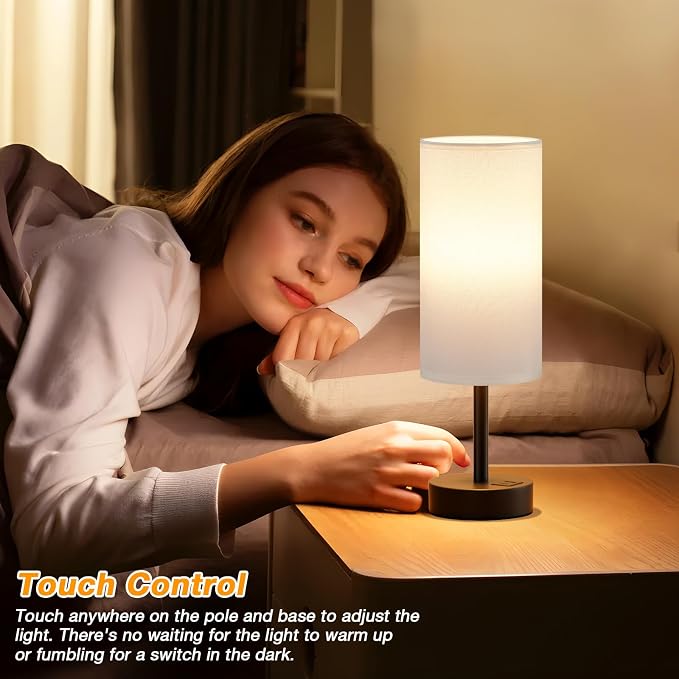 Dicoool Bedside Table Lamp for Bedroom - 3-Way Dimmable Touch Lamp, USB A+C | LED Bulb Included, 14" Small Nightstand Lamp for Desk, Living Room, Guest Room, White Fabric Lampshade, Black Metal Base - Image 2