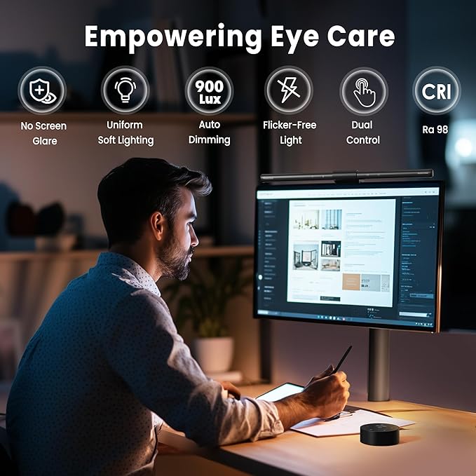 Quntis Computer Monitor Lamp, Screen Monitor Light Bar for Eye Caring, USB Reading LED Task Lamp with Auto-Dimming, Dimmable Light Bar, Touch Control, No Glare Space Saving Home Office Desk Lamps - Image 2
