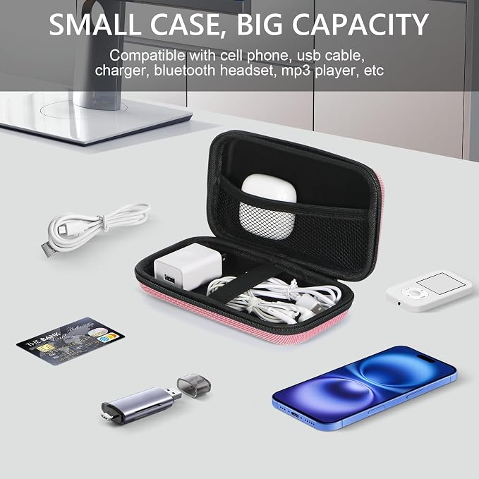Cell Phone Carrying Case - Portable Hard EVA Charger Case - High Protection Small Zipper Travel Pouch Storage Bag Electronic Organizer for Battery, GPS, Hard Drive, Charging Cable, Cord - Pink - Image 2