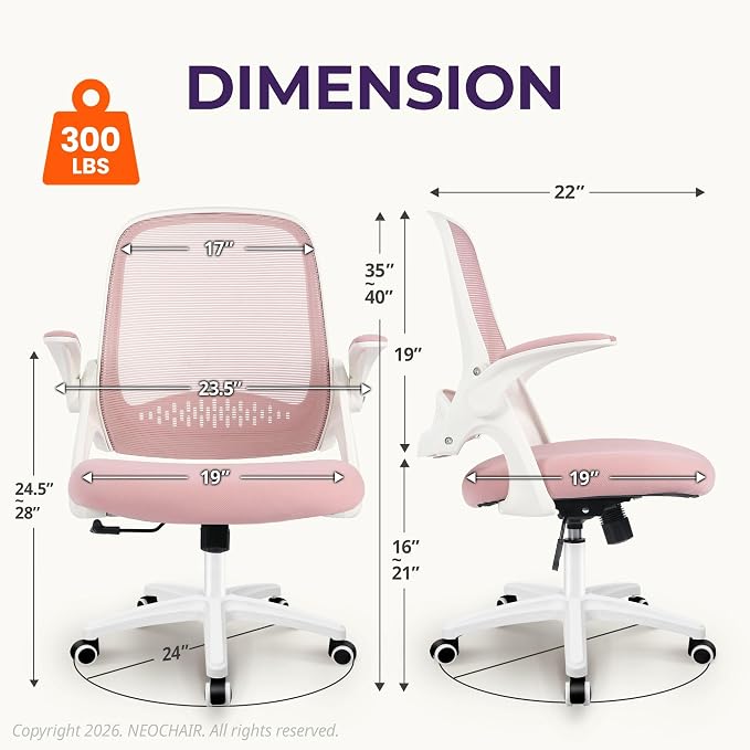 NEO CHAIR Office Desk Gaming Ergonomic Computer Chair with Lumbar Back Support Adjustable Height Swivel Rolling Wheels Flip-up Arms Mesh Chair for Home Vanity (Pink) | Lumbar Support, Height Adjustment, 360° Swivel and Rolling Base, Space-Saving Design... - Image 2