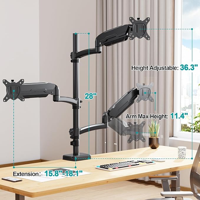 MOUNT PRO Triple Monitor Mount for Max 32" Computer Screen, Adjustable 3 Monitor Desk Mount, up to 19.8lbs Each, Three Display Arm with Tilt Swivel Rotation, VESA Mount 75x75/100x100mm - Image 6