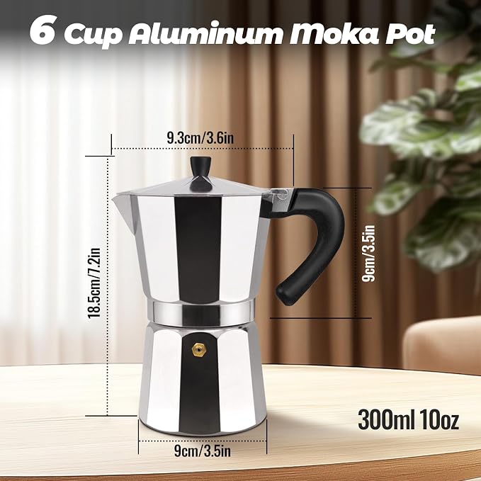 6 Cup Aluminum Moka Pot Classic Stovetop Espresso Coffee Maker 300ml 10oz Coffee maker Percolator Mocha Pot Greca Coffee Maker Cafe Makers for Italian and Cuban Café Brewing Silver - Image 2