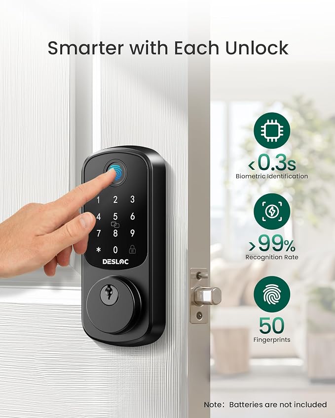 DESLOC Smart Lock B200 WiFi Version, Fingerprint Keyless Entry Door Lock, App Remote Control, Smart Locks for Front Door, WiFi Deadbolt Smart Lock, Emergency Power Port,12 Months Battery, Auto Lock - Image 4