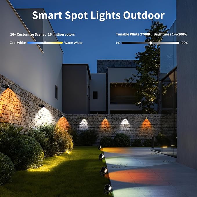 VTimes 8pcs Smart RGBW Landscape Lights IP65 Waterproof Outdoor SpotLights | Low Voltage Landscape Lighting, APP & Remote Control and Timing, Color Changing Outdoor for Yard, Garden, Lawn, Holiday Decor - Image 5