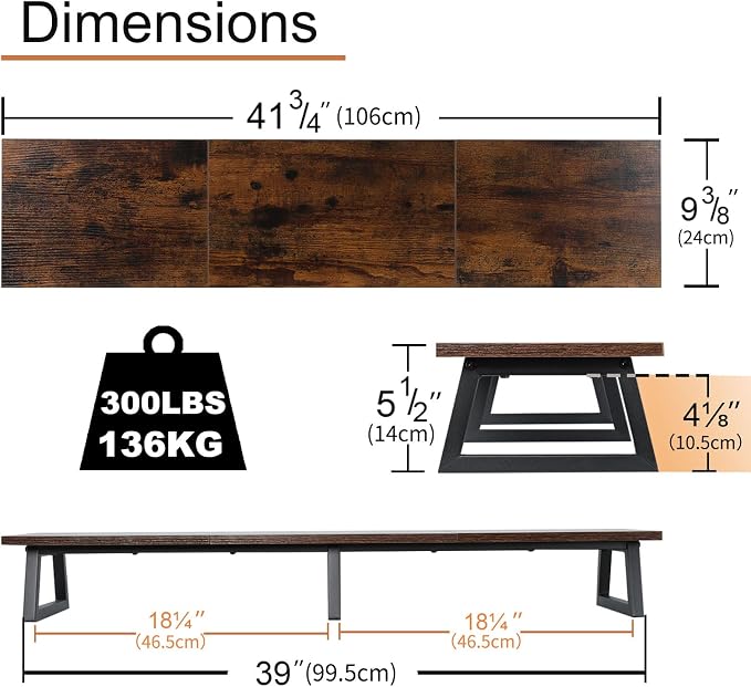 TEAMIX 42 inch Large [Dual] [Monitor] [Riser],Rustic Brown Extra Long TV [Stand Wood & Steel Desktop [Riser] with Storage for [Dual] Screen Office Desk Organization - Image 5