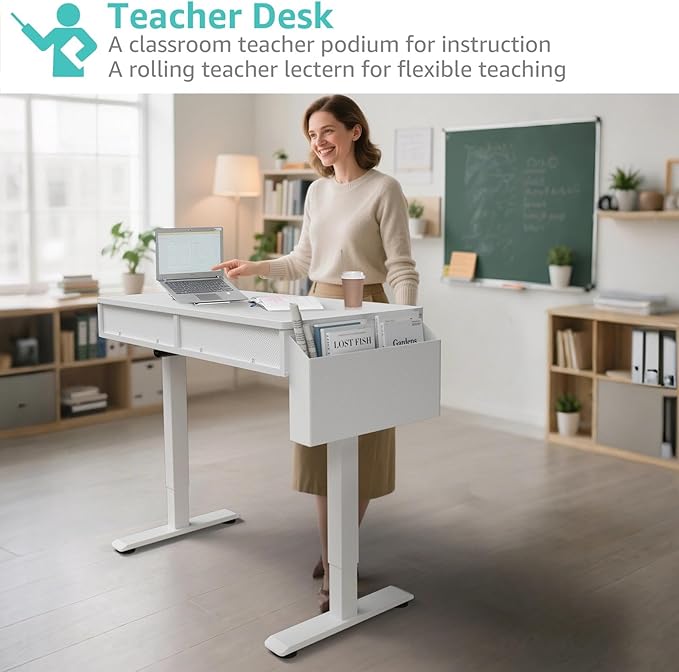 KLUVIS Electric Standing Desk with Drawers, 32 Inch White Small Height Adjustable Sit Stand Desk with Storage for Small Space Home Office Bedroom, Study Writing Stand up Computer Desks for Girls Work - Image 6