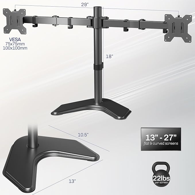 VIVO STAND-V002F Dual LED LCD Monitor Free-Standing Desk Stand for 2 Screens up to 27 Inch Heavy-Duty Fully Adjustable Arms with Max VESA 100x100mm - Image 3