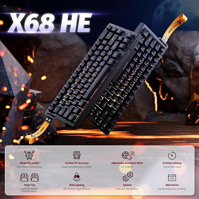 ATTACK SHARK X68 HE RT Mechanical Gaming Keyboard 60% Wired TKL-Black | Adjustable Actuation,Hall Effect Magnetic Switch,8KHz Polling Rate,RGB Backlit,Top Mount, Web Driver for PC Mac Esport Gamer - Image 2