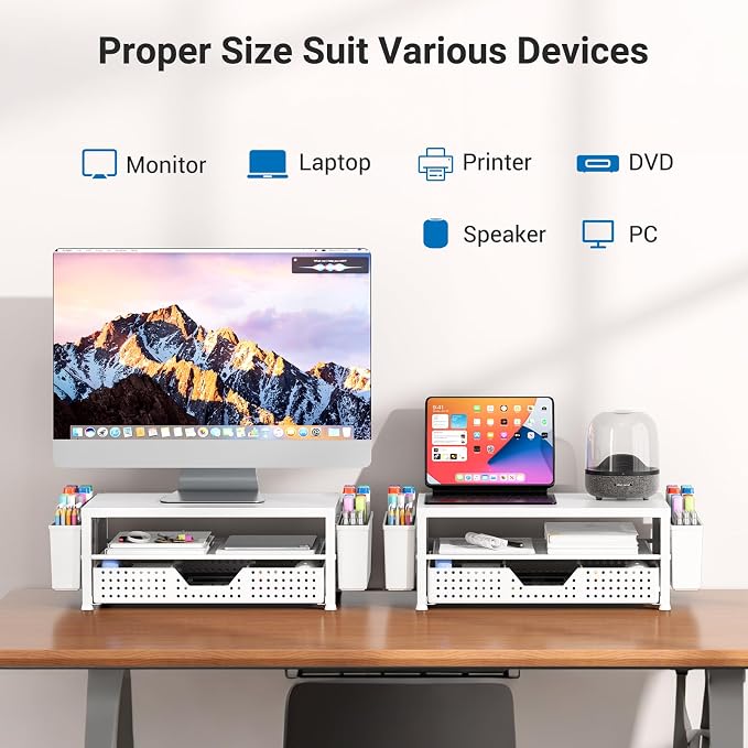 Wood Metal Monitor Stand Riser, Laptop Stand for Desk, Office Desk Organizer and Accessories, Computer Desktop Shelf with Drawer and Pen Holder, Printer Stand for Home, Office, Dorm (White Wood) - Image 3