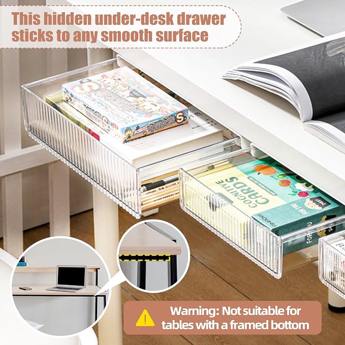 2Pcs Under Desk Storage Drawers Slide Out,Large&Medium,Stick On Drawers,Under Desk Organizer Hidden Under Table Drawer for Home Office School Organization and Storage-Clear White - Image 4