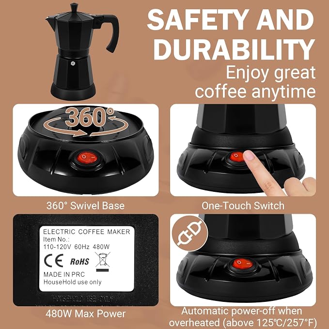 Electric Moka Pot, 3 or 6 Cup Espresso Coffee Maker, Black | Food-grade aluminum, dose reduction plate, boil-dry protection, auto-stop, detachable base, for Cuban and Italian coffee - Image 3