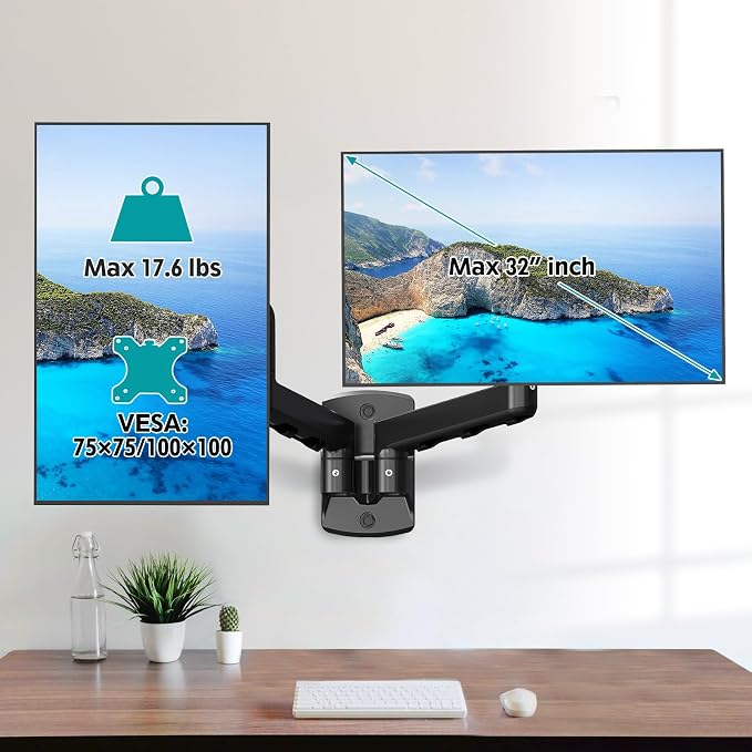 Dual Monitor Wall Mount for 13 to 32 Inch Computer Screens, Monitor Mounts for 2 Monitors Holds Up to 19.8lbs Each,Full Motion Gas Spring Monitor Arm with VESA 75x75/100x100 - Image 3