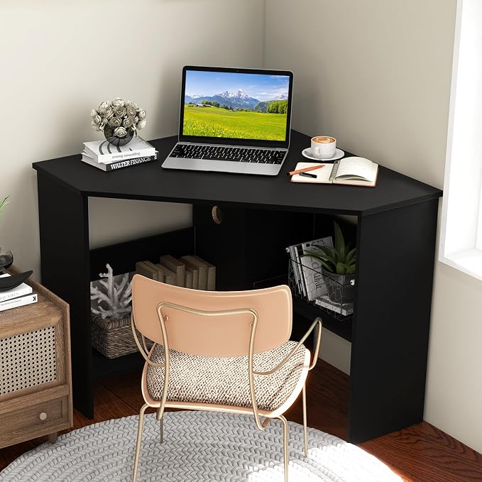 GOFLAME Corner Desk with Storage Shelves, Triangular Computer Desk with Cable Management Holes, Laptop Workstation for Small Space, Makeup Vanity Desk for Living Room, Study, Black - Image 8