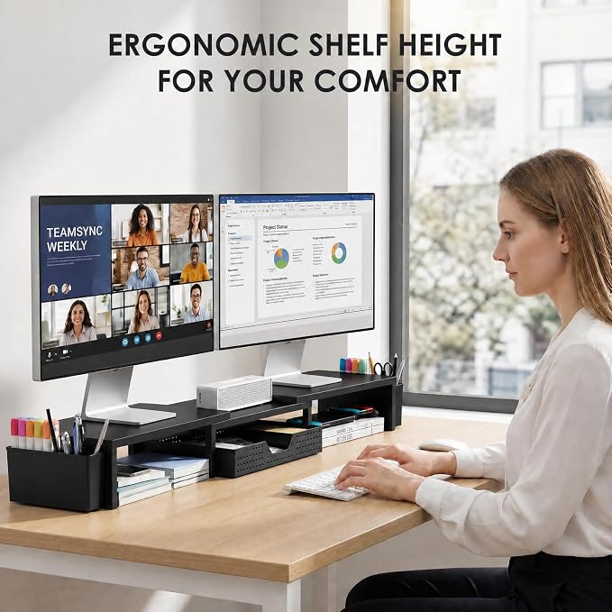 OPNICE Desk Organizers and Accessories, Dual Monitor Stand Riser with Drawer and 2 Pen Holders, Desk Shelf Metal Computer Racks for Office Workspace Organizers, Desktop Organization (Black Metal) - Image 3