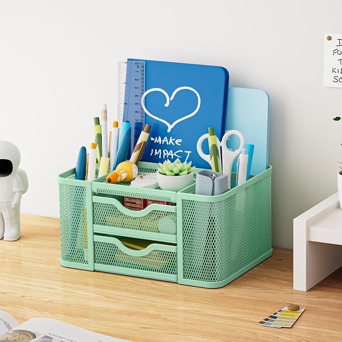 Marbrasse Mesh Desk Organizer, Pen Organizer with 2 Drawer, Multi-Functional Pencil Holder, Desk Organizers and Accessories with 5 Compartments + Drawer for Office Art Supplies (Green) - Image 5