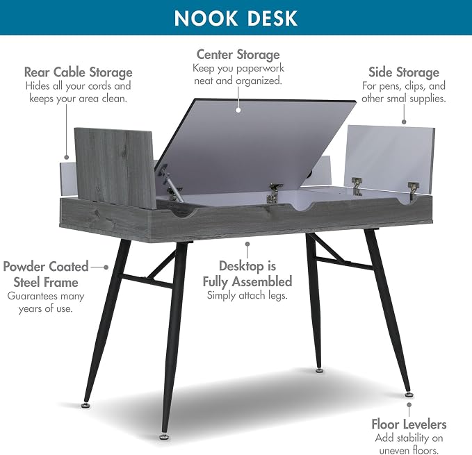 Calico Designs Nook Modern Office Laptop Writing Desk- 47.25″ Wide Home Workstation Space-Saving with Storage Compartments, Greywash - Image 8