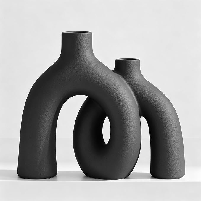 Hug Donut Decorative Vase Set - Dark Gray Modern Minimalism Industrial Style Vases Home Decor, Matte Ceramic Decorations for Living Room Shelf, Bookshelf Mantle Entryway Table or Console Décor(Gray) by Jonronboci