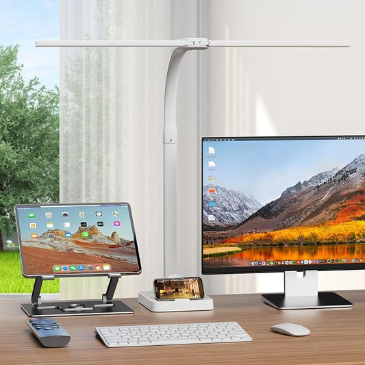 LED Desk Lamp with Base - Bright Dimmable Computer Lamp with Phone Holder, 24W Bendable Desk Light for Monitor Screen, Eye-Caring Tall Desktop Light for Task Home Office Work, White, Dual Head by APMIEK