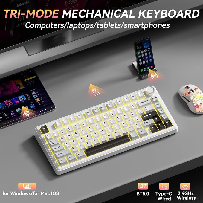 SOLAKAKA A75 75% Wireless Mechanical Keyboard, Hot Swappable Gaming Keyboard with Multifunction Knob & RGB, Gasket Mounted Creamy Keyboard, PBT Keycaps, Compact Layout for Win/Mac/PC - Image 3