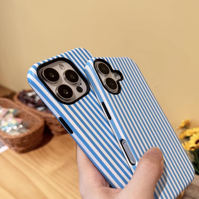 for iPhone 16 Pro Max Case Striped Cute Aesthetics Phone Case Trendy Protective Shockproof Cover for iPhone 16 Pro Max Blue White - Image 6