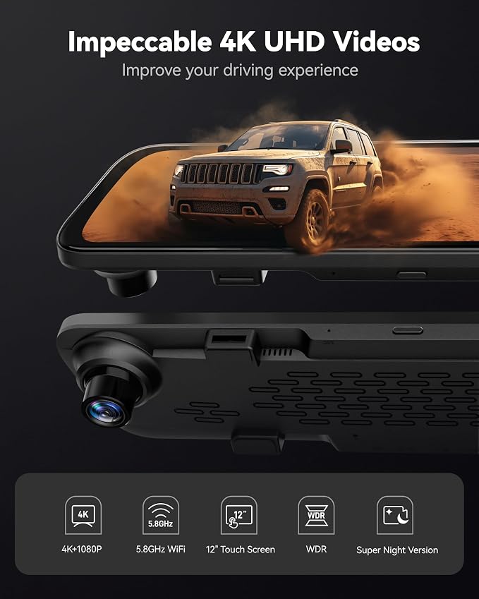 WOLFBOX G840S 12" 4K Mirror Dash Cam Backup Camera, 5.8GHz WiFi Smart Rearview Mirror for Cars & Trucks, Front and Rear View Dual Cameras, Night Vision, Parking Assistance, Included 32GB Card & GPS - Image 2