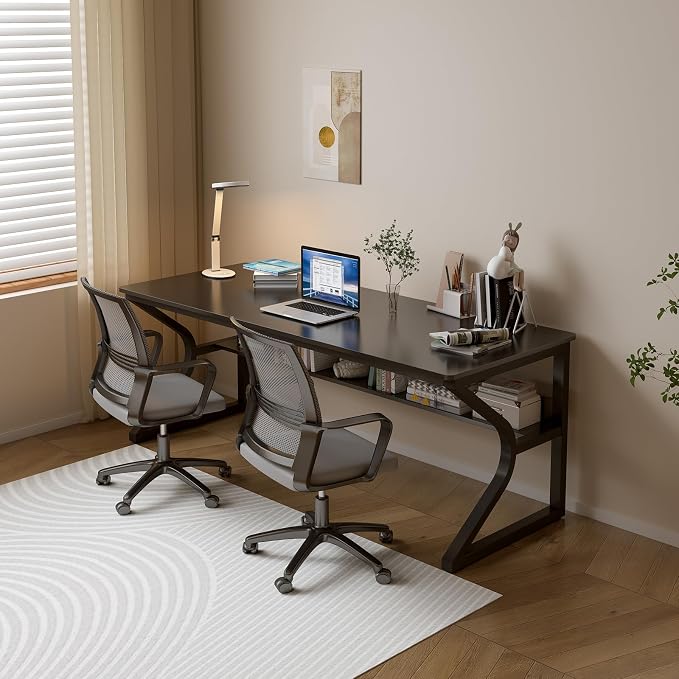 OSCHF 63-Inch Extra Long Desk with Storage Shelf, Black | Double Long Writing Table, Space-saving, 2-Person Workstation, Modern Study Work Computer Desk, For Home Office - Image 7