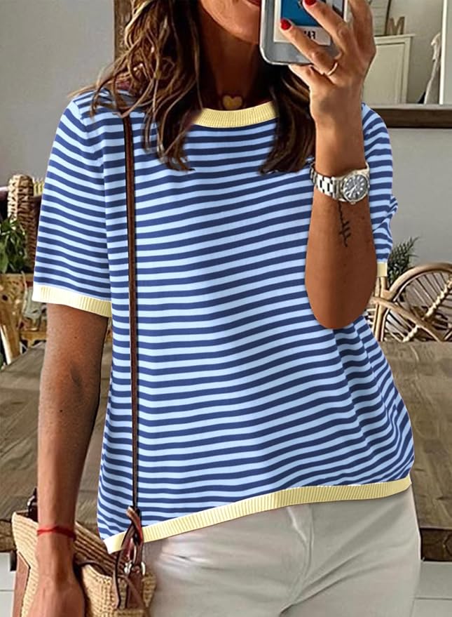 Dokotoo Womens Tops 2026 Casual Summer Crewneck Short Sleeve Striped Color Block Knit High Low Trendy Pullover Sweaters - Image 3