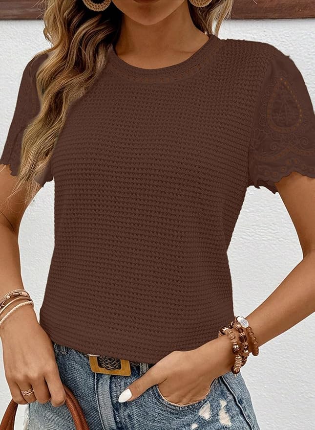 SHEWIN Womens Frenchy Summer Tops Crewneck Short Sleeve T Shirts Casual Waffle Knit Jacquard Blouses Top Shirts - Image 3