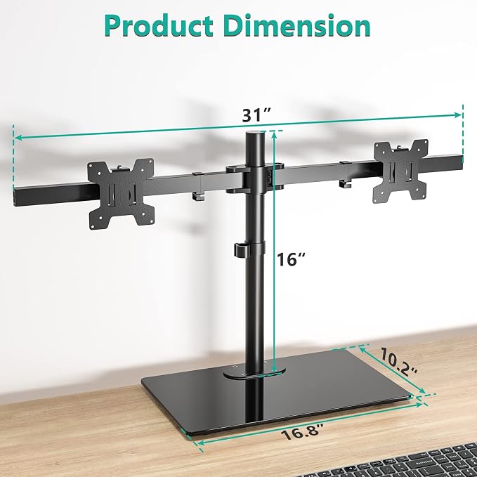 WALI Free Standing Dual Monitor Stand, Height Adjustable Monitor Mount with Glass Base, Fits LCD LED Flat Curved Screen up to 27 inch, 22lbs, with Grommet Base (GMF002) - Image 4