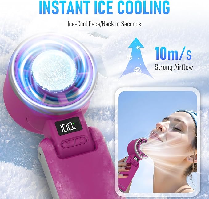 PlayHot Portable Handheld Turbo Fan with Ice Cooling, Rechargeable Personal Fan, Up tp 12Hrs Cooling, 5 Speed 25550RPM Powerful Portable Fan for Travel, Outdoor, Camping, Hiking (Magenta) - Image 2