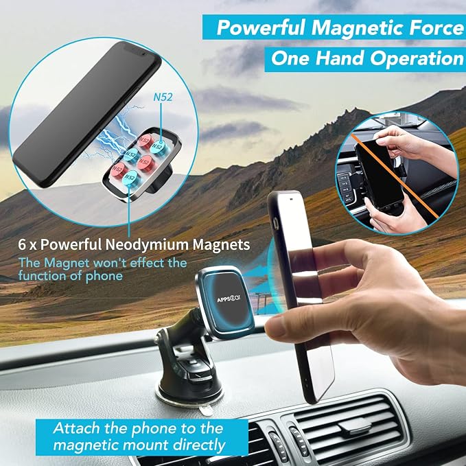APPS2Car 3-in-1 Car Phone Mount Magnetic Dashboard Windshield Air Vent Mount Phone Holder for Car Universal Car Phone Holder with Powerful Suction Cup Built-in Strong 6 Magnets for All CellPhones - Image 3