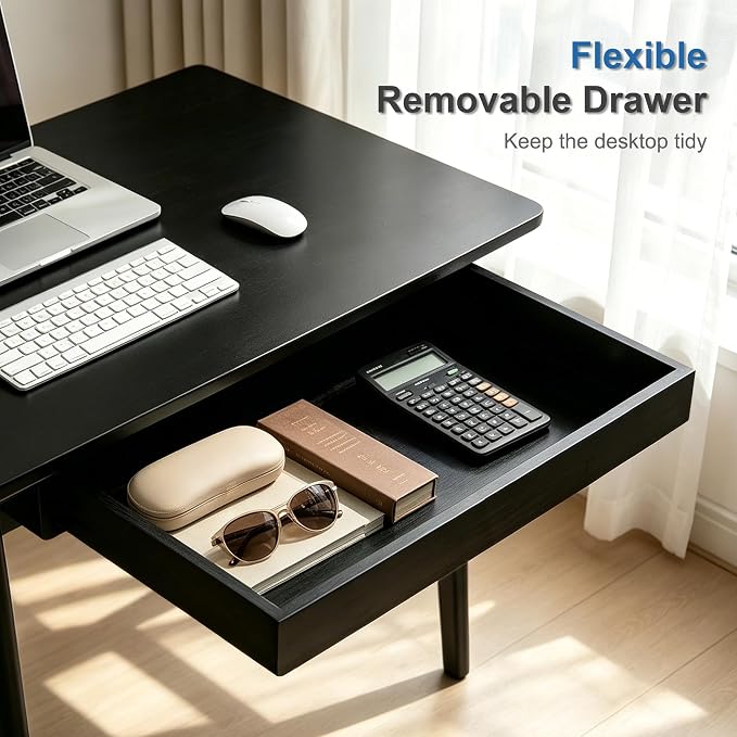 Nnewvante 31.5" Small Computer Desk with Drawer, Black | Solid Bamboo Writing Desk for Home Office, Modern Simple Style, Compact Study Desk for Small Spaces - Image 3