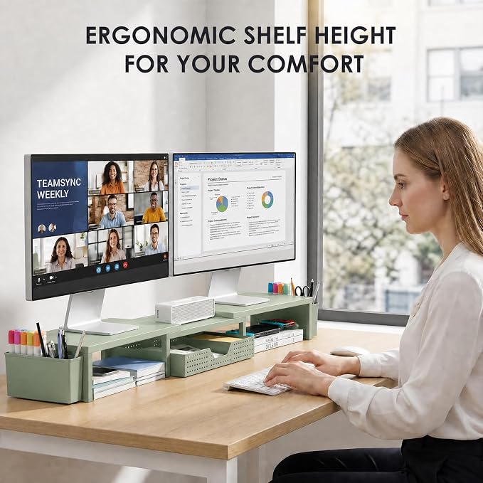 OPNICE Desk Organizers and Accessories, Dual Monitor Stand Riser with Drawer and 2 Pen Holders, Desk Shelf Metal Computer Monitor Stand for Office Workspace Organizers, Desktop Organization (Green Metal) - Image 2