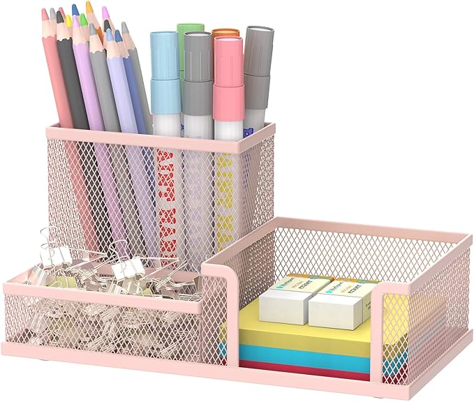 SUPEASY Mesh Pen Holder Desk Organizer, Office Supplies Pencil Storage with 3 Compartments, Office Desk Accessories and Workspace Organizers for Home School Classroom, Pink by SUPEASY