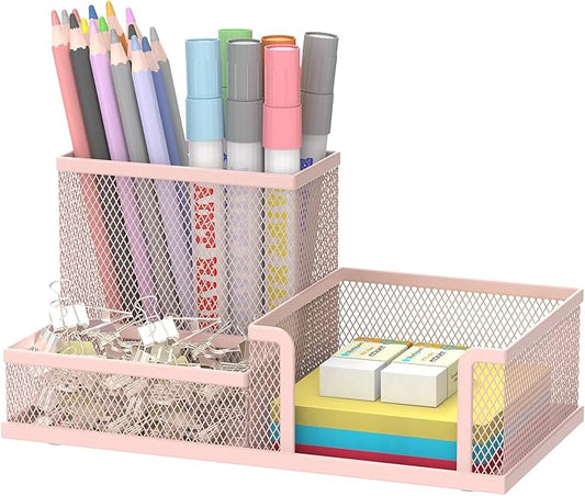 SUPEASY Mesh Pen Holder Desk Organizer, Office Supplies Pencil Storage with 3 Compartments, Office Desk Accessories and Workspace Organizers for Home School Classroom, Pink by SUPEASY